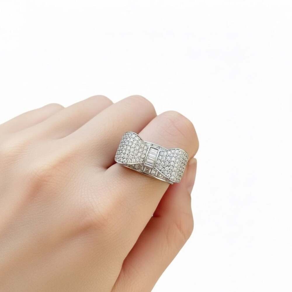 Diamond Bow Ring Size 7 White Gold Pave Cocktail Ring